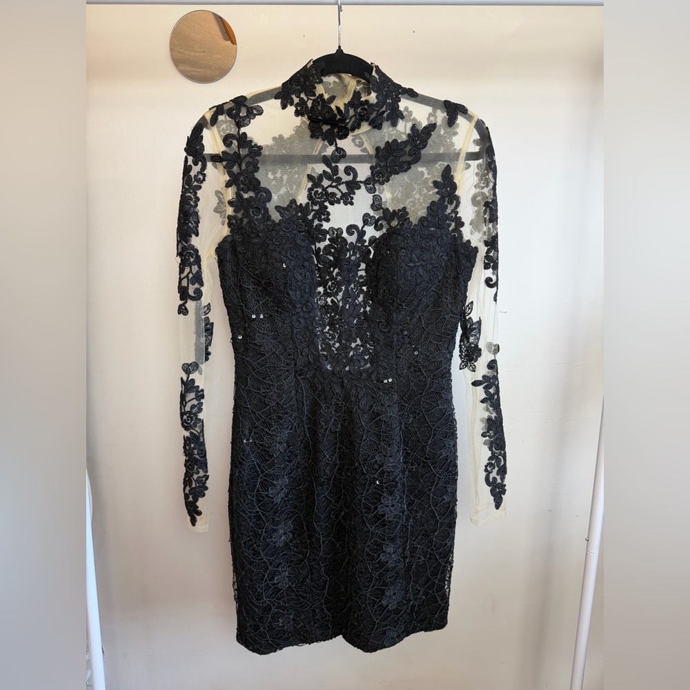 JANIQUE Lace Embroidered Black Evening Dress Sheer Mesh Gothic Cocktail